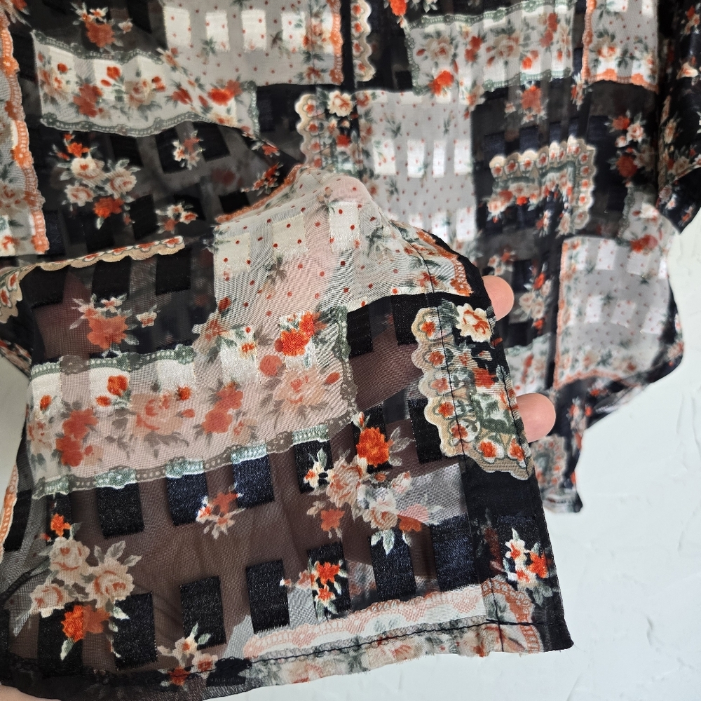 Vintage Burnout Patterned Patchwork Black Red Whi… - image 3